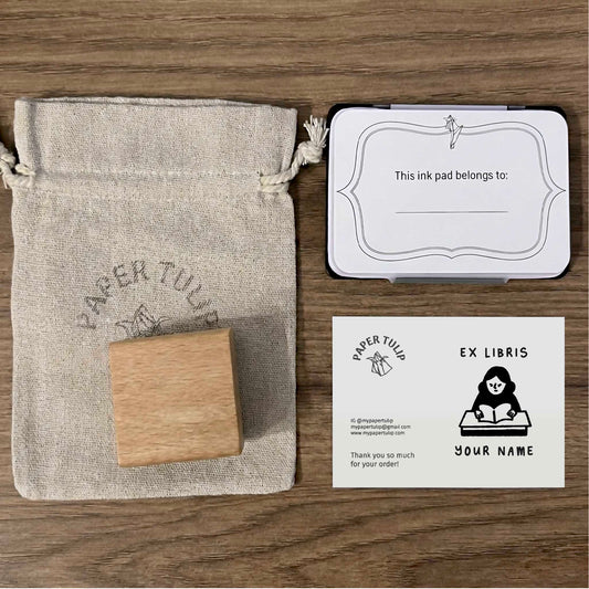 Personalized Book Stamp with an Illustration of a Cute Girl and a Book - Square Ex Libris