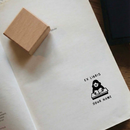 Personalized Book Stamp with an Illustration of a Cute Girl and a Book - Square Ex Libris