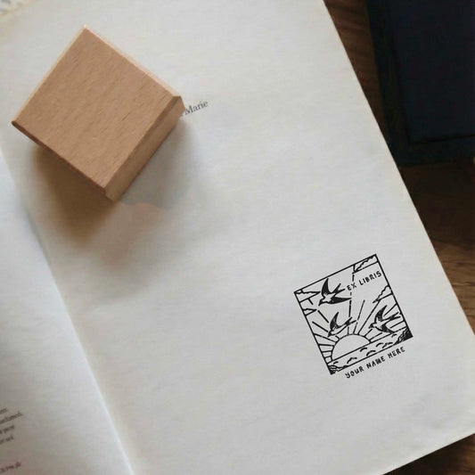 Personalized Book Stamp with an Illustration of an Ocean Sunset - Square Ex Libris