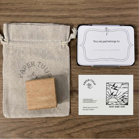 Personalized Book Stamp with an Illustration of an Ocean Sunset - Square Ex Libris