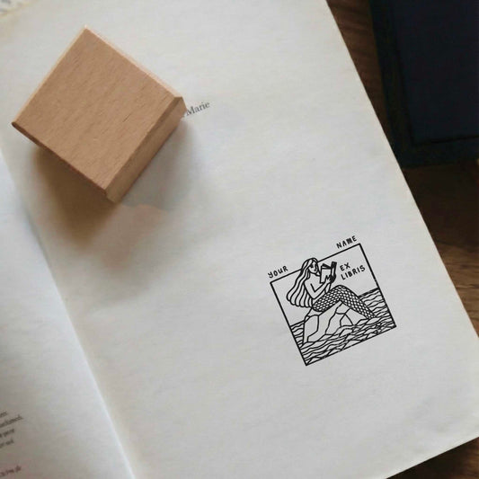 Personalized Book Stamp with an Illustration of a Reading Mermaid- Square Ex Libris