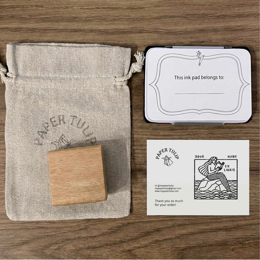 Personalized Book Stamp with an Illustration of a Reading Mermaid- Square Ex Libris