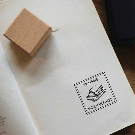 Personalized Book Stamp with a Stack of Books Illustration - Square Ex Libris